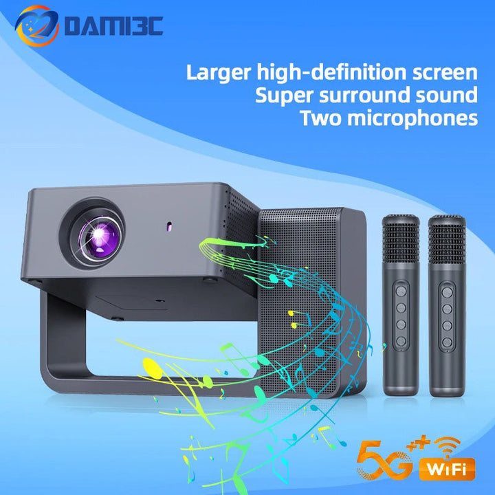 DAMI3C HT30 Portable Singing Projector | Mini Android Projector with Dual Microphones | 4K Support, WiFi, Bluetooth | Home & Outdoor Theater + Family KTV
