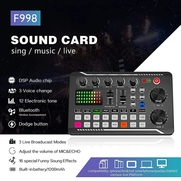 F998 Sound Card Cantilever Microphone Set Recording Karaoke Live Podcast Equipment Studio  Professional Microphone for Phone